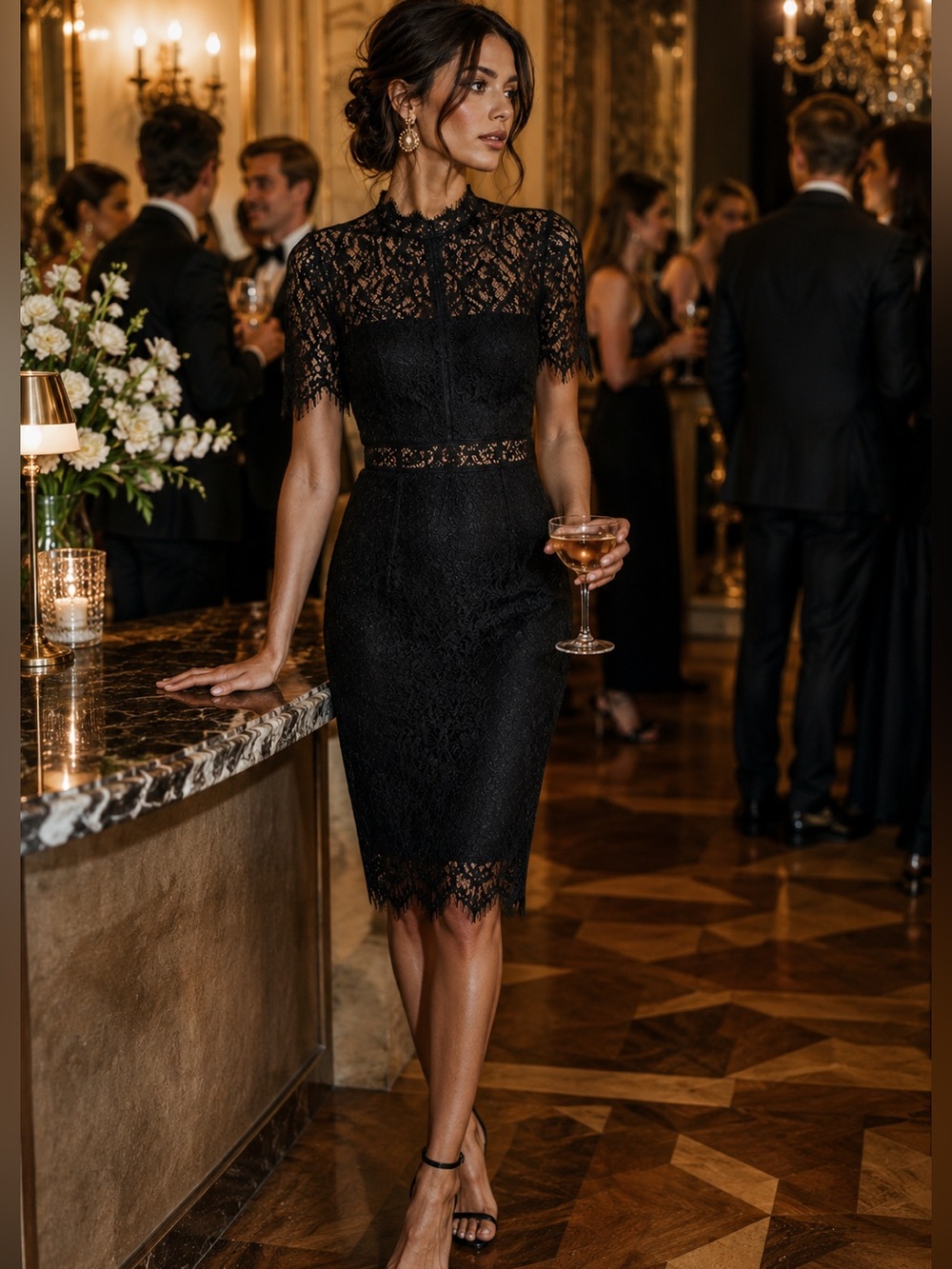 Lulus Black Lace Midi Dress Size S Coquette Parisian Romantic